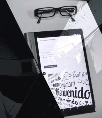 Studio film frame: tablet and the Bienvenido wall